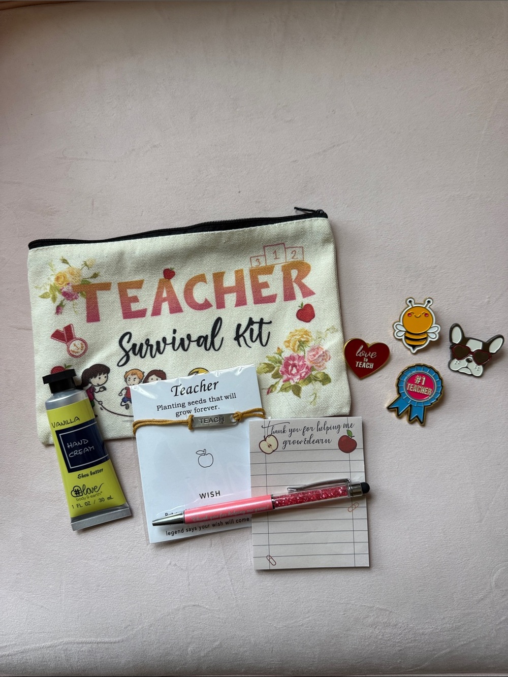 Teacher Canvas Zipper Pouch - Cream Floral and Gift Set